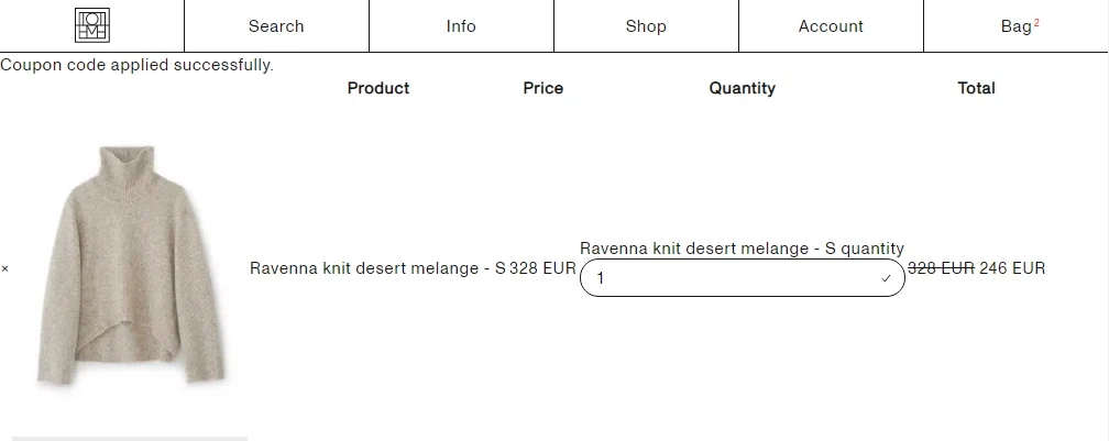 Toteme Studio checkout page showing Toteme Studio promo code box | Screenshot taken by SimplyCodes community member on Nov 25, 2020