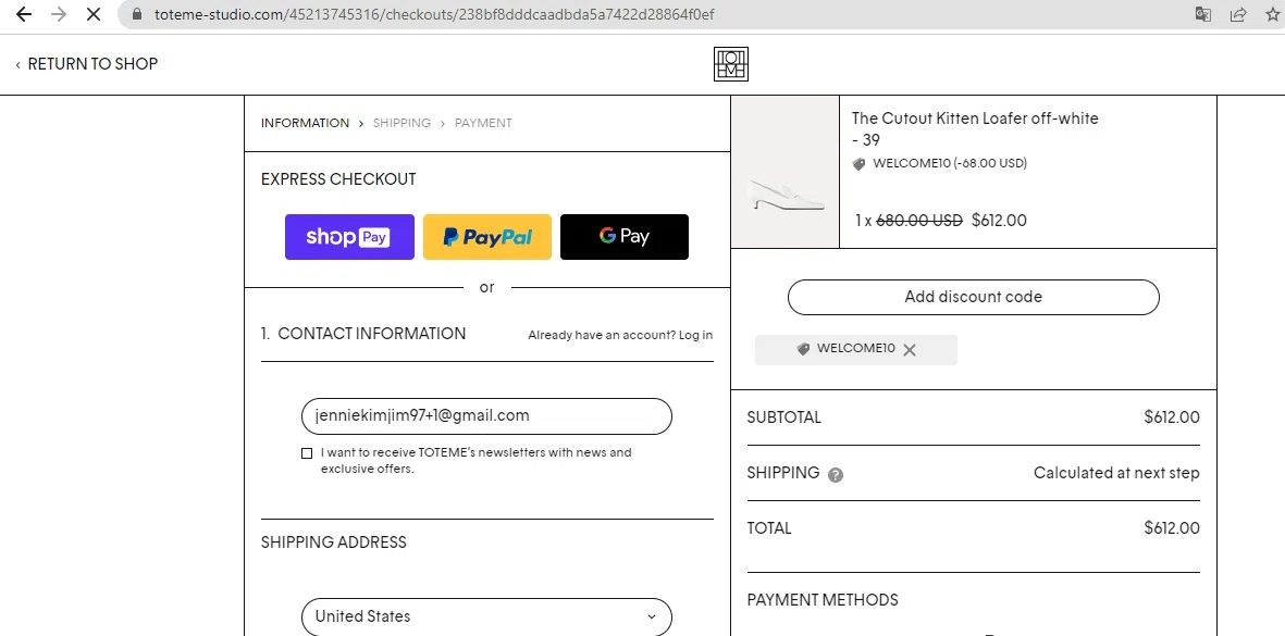 Toteme Studio checkout page showing Toteme Studio promo code box | Screenshot taken by SimplyCodes community member on Apr 21, 2023