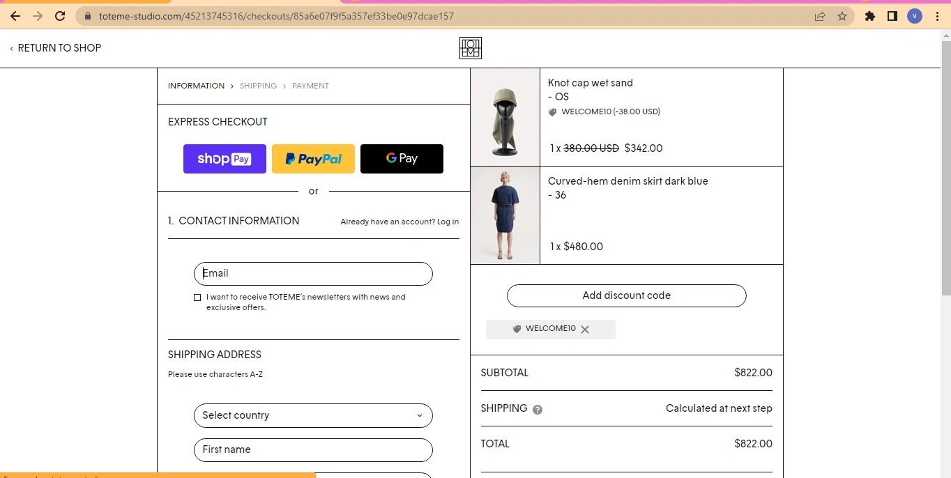 Toteme Studio checkout page showing Toteme Studio promo code box | Screenshot taken by SimplyCodes community member on May 19, 2023
