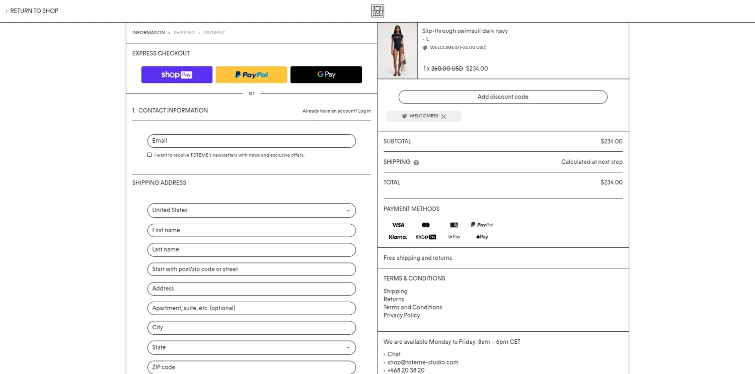 Toteme Studio checkout page showing Toteme Studio promo code box | Screenshot taken by SimplyCodes community member on Jun 4, 2023