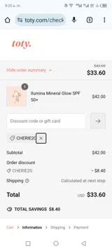 Cherie20 coupon verification screenshot