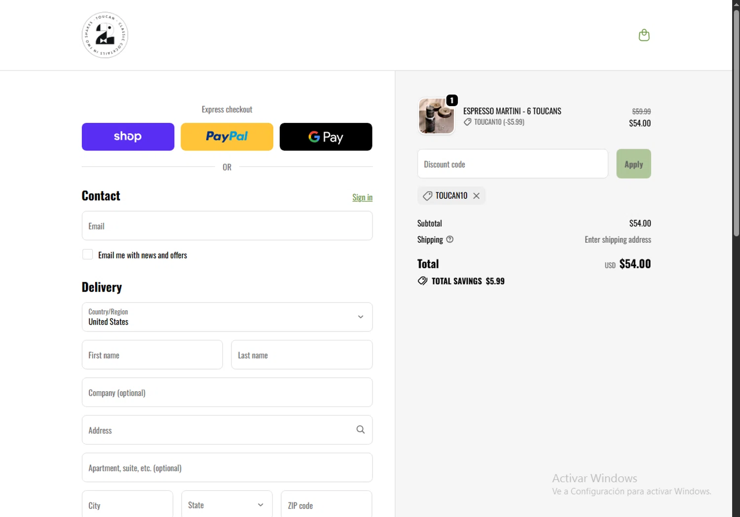 Toucan Cocktails promo code screenshot showing code TOUCAN10 applied at Toucan Cocktails checkout page. Uploaded by SimplyCodes community member SavingsPioneer4533 on Dec 18, 2025
