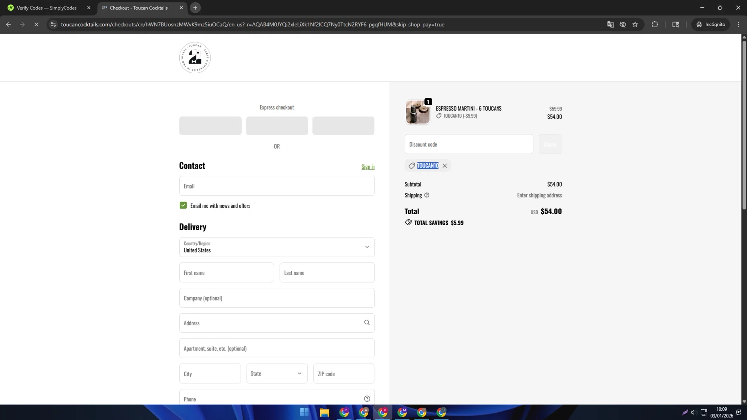 Toucan Cocktails checkout page showing Toucan Cocktails promo code box | Screenshot taken by SimplyCodes community member on Jan 3, 2026