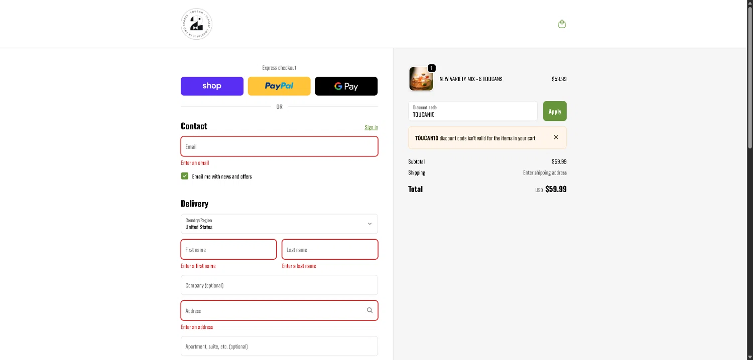 Toucan Cocktails promo code screenshot showing code TOUCAN10 applied at Toucan Cocktails checkout page. Uploaded by SimplyCodes community member ValueWarden2887 on Dec 6, 2025
