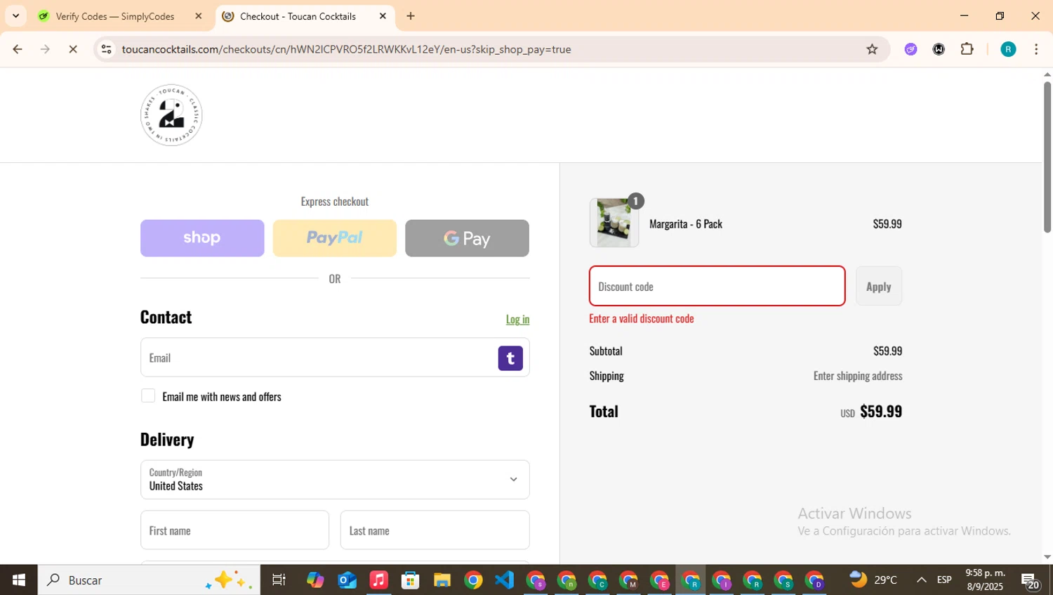 Toucan Cocktails promo code screenshot showing code FLOCKPARTY applied at Toucan Cocktails checkout page. Uploaded by SimplyCodes community member BudgetHero4407 on Sep 9, 2025