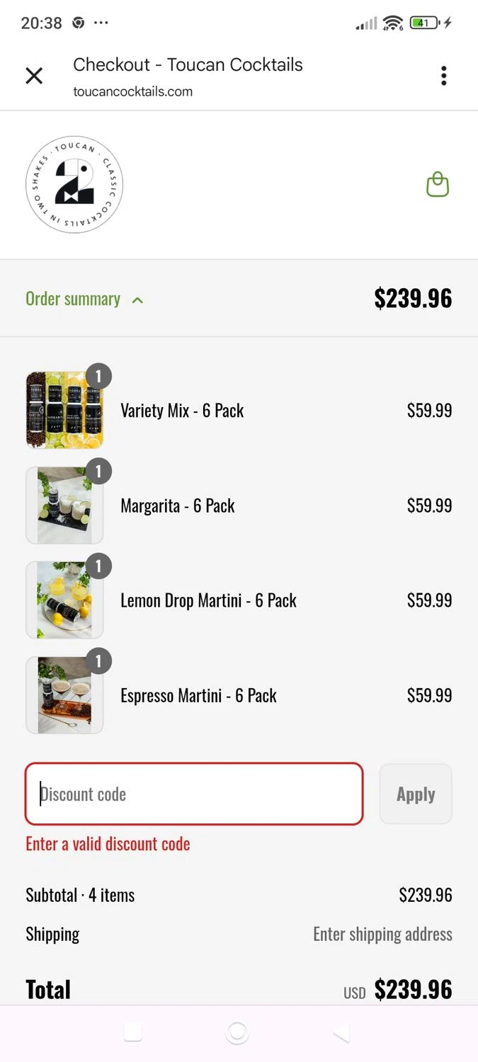 Toucan Cocktails promo code screenshot showing code THISSIMPLESEASON applied at Toucan Cocktails checkout page. Uploaded by SimplyCodes community member ShieldWhiz4659 on Aug 10, 2025