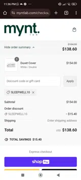 Sleepwell10 coupon verification screenshot