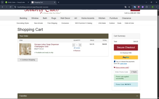 Touch of Class checkout page showing Touch of Class promo code box | Screenshot taken by SimplyCodes community member on Jun 29, 2025