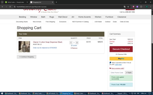 Touch of Class checkout page showing Touch of Class promo code box | Screenshot taken by SimplyCodes community member on Jul 2, 2025