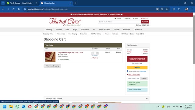Touch of Class checkout page showing Touch of Class promo code box | Screenshot taken by SimplyCodes community member on Aug 20, 2025