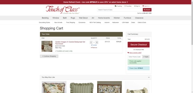 Touch of Class checkout page showing Touch of Class promo code box | Screenshot taken by SimplyCodes community member on Aug 16, 2025