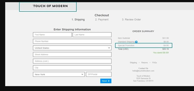 TouchOfModern checkout page showing TouchOfModern promo code box | Screenshot taken by SimplyCodes community member on Jan 27, 2021