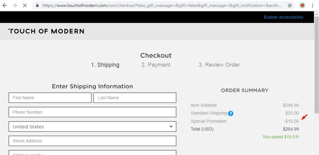 TouchOfModern checkout page showing TouchOfModern promo code box | Screenshot taken by SimplyCodes community member on Jan 25, 2021