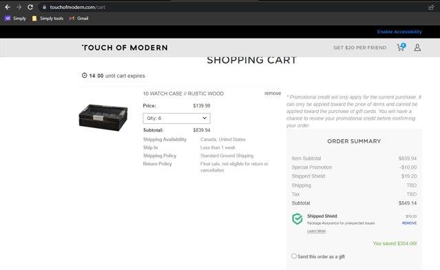 TouchOfModern checkout page showing TouchOfModern promo code box | Screenshot taken by SimplyCodes community member on Jul 20, 2023
