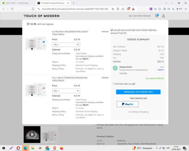 TouchOfModern checkout page showing TouchOfModern promo code box | Screenshot taken by SimplyCodes community member on Aug 29, 2024