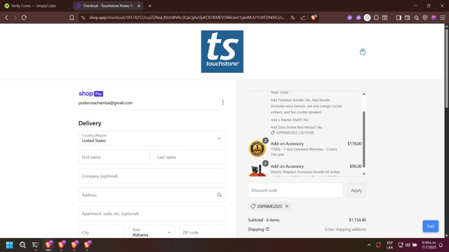 Touchstone checkout page showing Touchstone promo code box | Screenshot taken by SimplyCodes community member on Jul 7, 2025