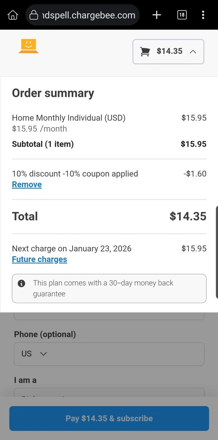 Touch-type Read and Spell checkout page showing Touch-type Read and Spell promo code box | Screenshot taken by SimplyCodes community member on Dec 23, 2025