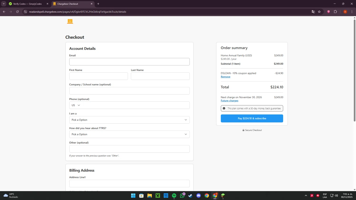 Touch-type Read and Spell promo code screenshot showing code DSLOAN applied at Touch-type Read and Spell checkout page. Uploaded by SimplyCodes community member LaCebolla on Nov 30, 2025