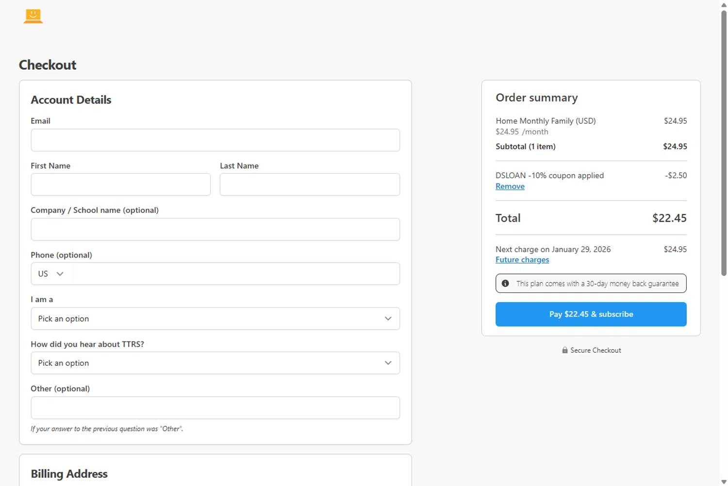 Touch-type Read and Spell promo code screenshot showing code DSLOAN applied at Touch-type Read and Spell checkout page. Uploaded by SimplyCodes community member Rossimar on Dec 29, 2025