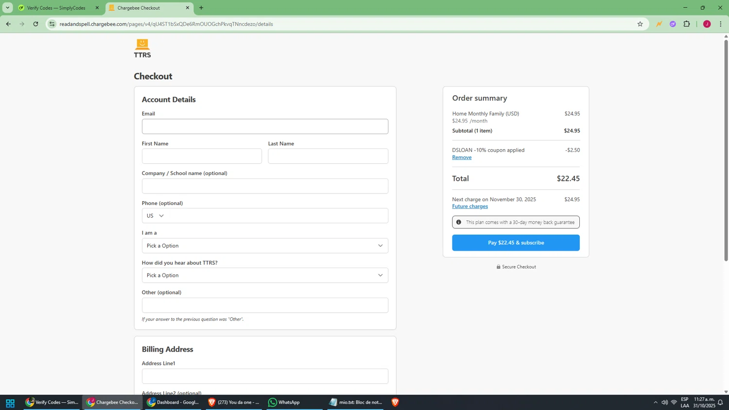 Touch-type Read and Spell promo code screenshot showing code DSLOAN applied at Touch-type Read and Spell checkout page. Uploaded by SimplyCodes community member joaojesus on Oct 31, 2025