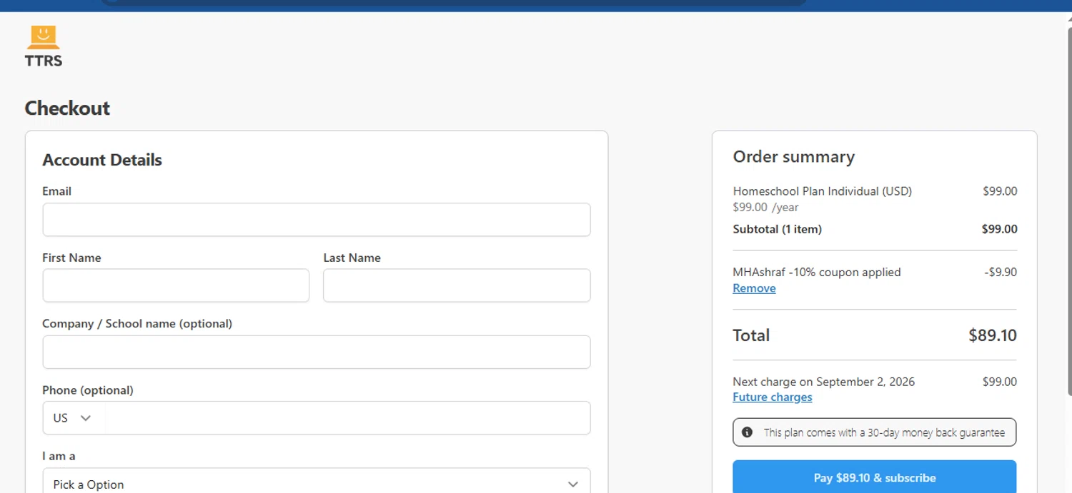 Touch-type Read and Spell promo code screenshot showing code MHASHRAF applied at Touch-type Read and Spell checkout page. Uploaded by SimplyCodes community member Acidwire on Sep 2, 2025