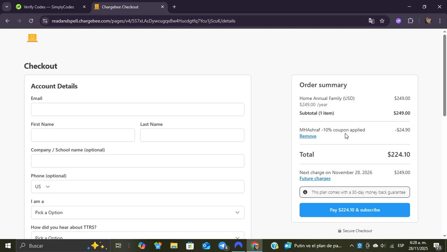 Touch-type Read and Spell promo code screenshot showing code MHASHRAF applied at Touch-type Read and Spell checkout page. Uploaded by SimplyCodes community member ShieldEagle9436 on Nov 28, 2025
