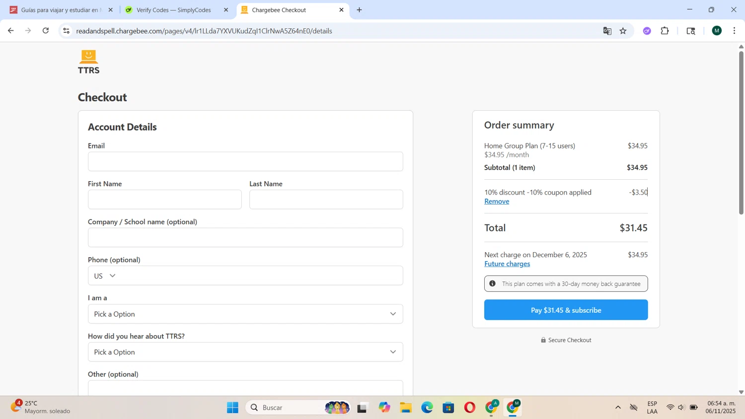 Touch-type Read and Spell promo code screenshot showing code DHS applied at Touch-type Read and Spell checkout page. Uploaded by SimplyCodes community member Tortu_1 on Nov 6, 2025