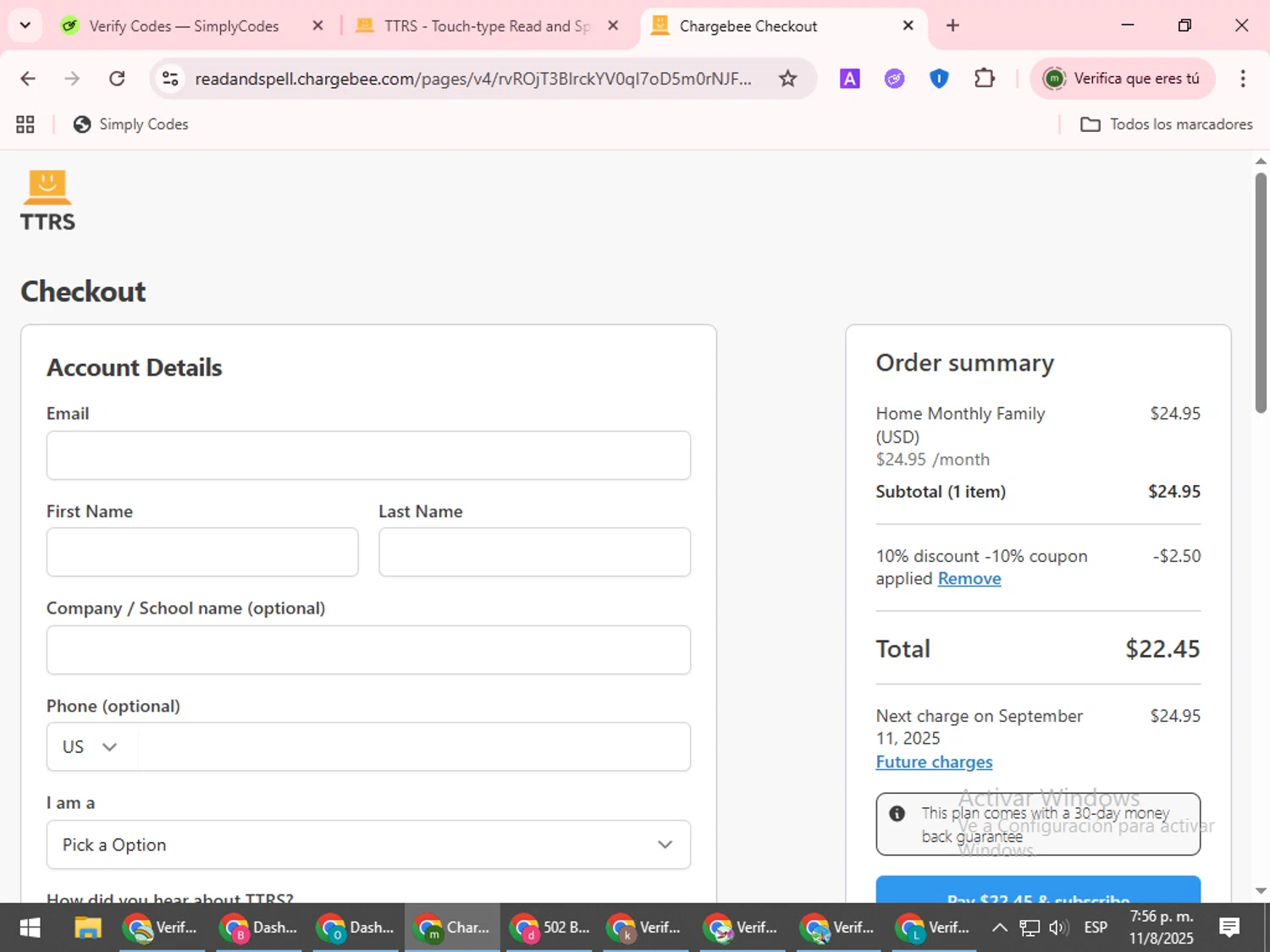 Touch-type Read and Spell promo code screenshot showing code DHS applied at Touch-type Read and Spell checkout page. Uploaded by SimplyCodes community member VoucherCollector9196 on Aug 11, 2025