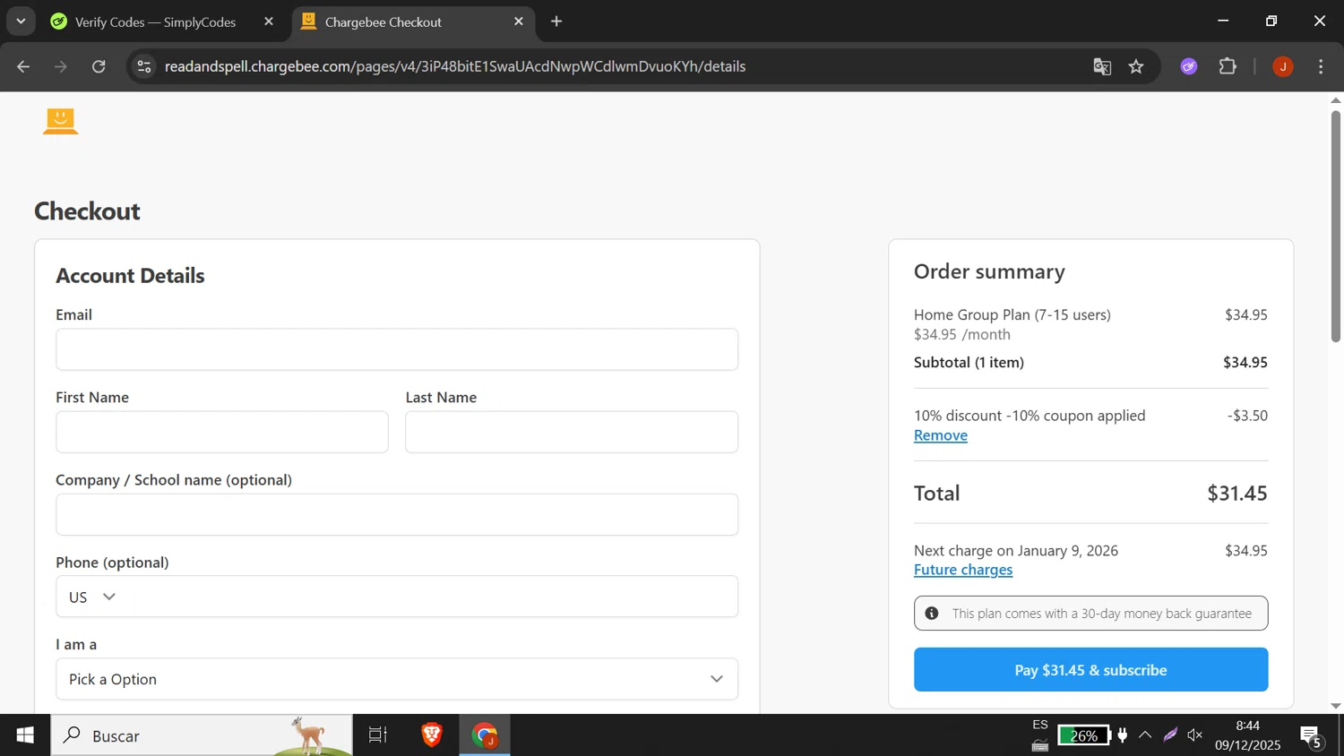 Touch-type Read and Spell promo code screenshot showing code BRM applied at Touch-type Read and Spell checkout page. Uploaded by SimplyCodes community member DORIANGEL on Dec 9, 2025