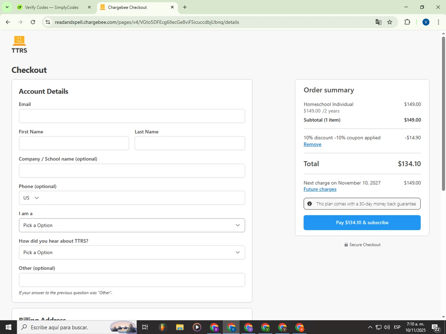 Touch-type Read and Spell promo code screenshot showing code BRM applied at Touch-type Read and Spell checkout page. Uploaded by SimplyCodes community member Garou_Y2K on Nov 10, 2025