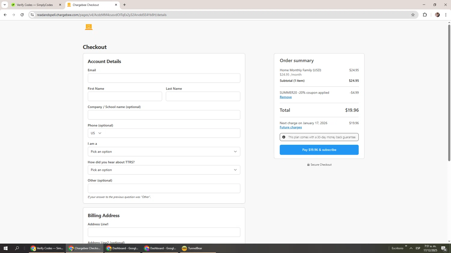 Touch-type Read and Spell checkout page showing Touch-type Read and Spell promo code box | Screenshot taken by SimplyCodes community member on Dec 17, 2025