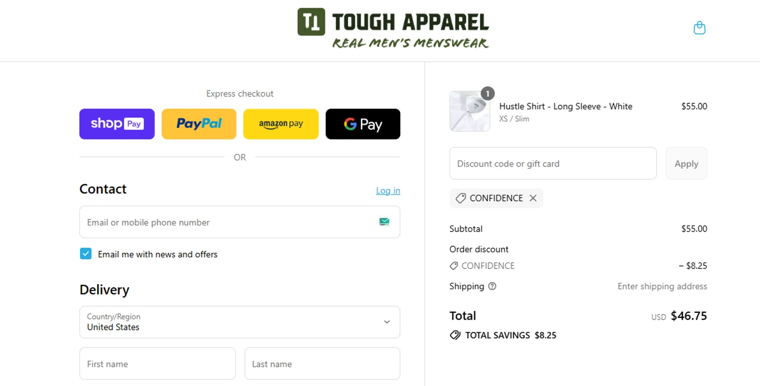 Tough Apparel discount code screenshot showing code CONFIDENCE applied at Tough Apparel checkout page. Uploaded by SimplyCodes community member Juanls04 on Jul 17, 2025