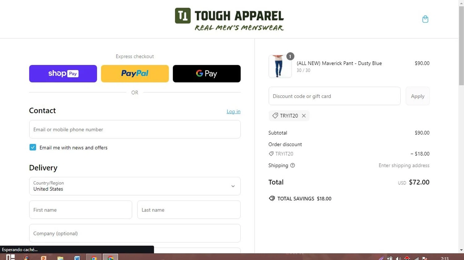 Tough Apparel discount code screenshot showing code TRYIT20 applied at Tough Apparel checkout page. Uploaded by SimplyCodes community member PaticoBel on Mar 5, 2025