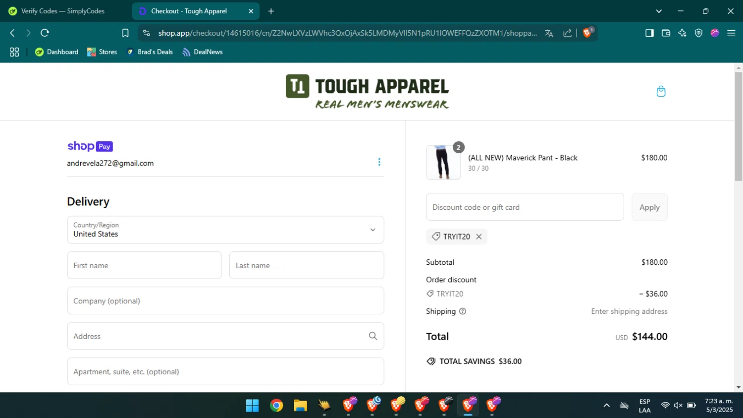 Tough Apparel discount code screenshot showing code TRYIT20 applied at Tough Apparel checkout page. Uploaded by SimplyCodes community member VictoriousSage6771 on Mar 5, 2025