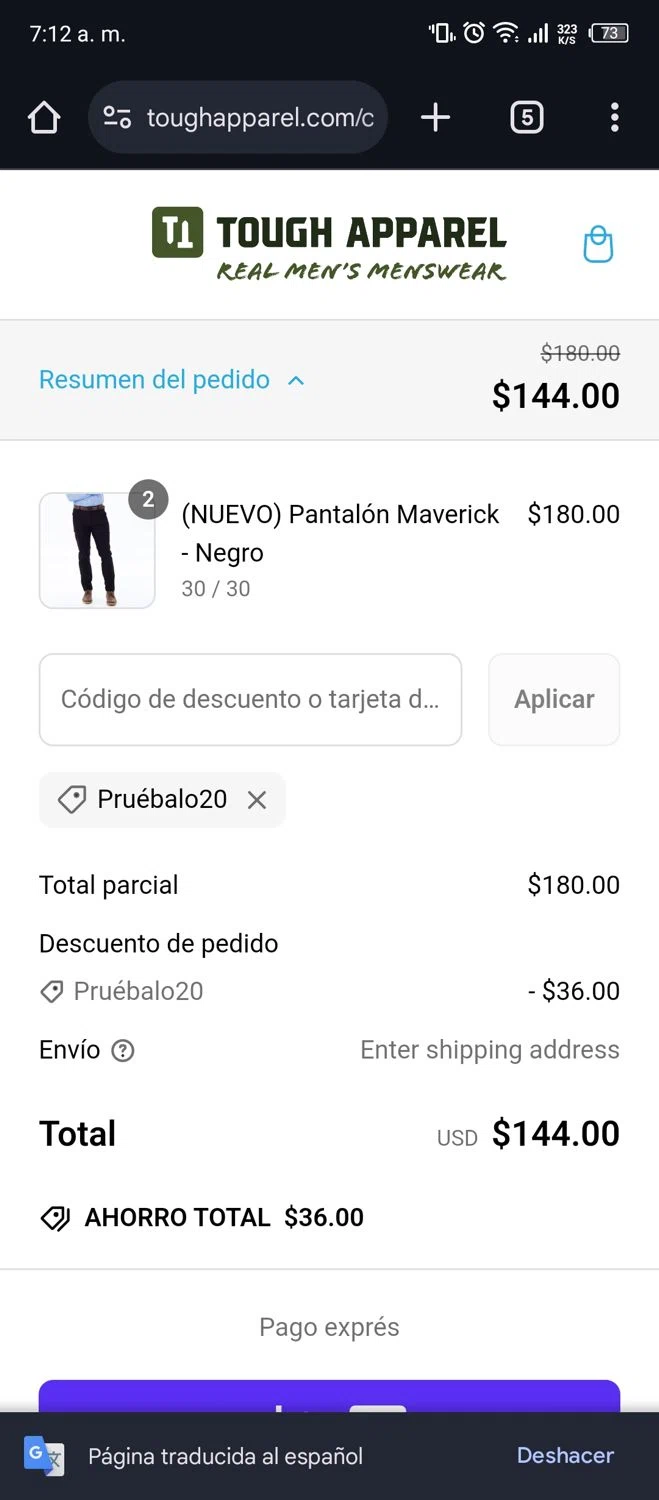 Tough Apparel discount code screenshot showing code TRYIT20 applied at Tough Apparel checkout page. Uploaded by SimplyCodes community member paquitin29 on Mar 5, 2025