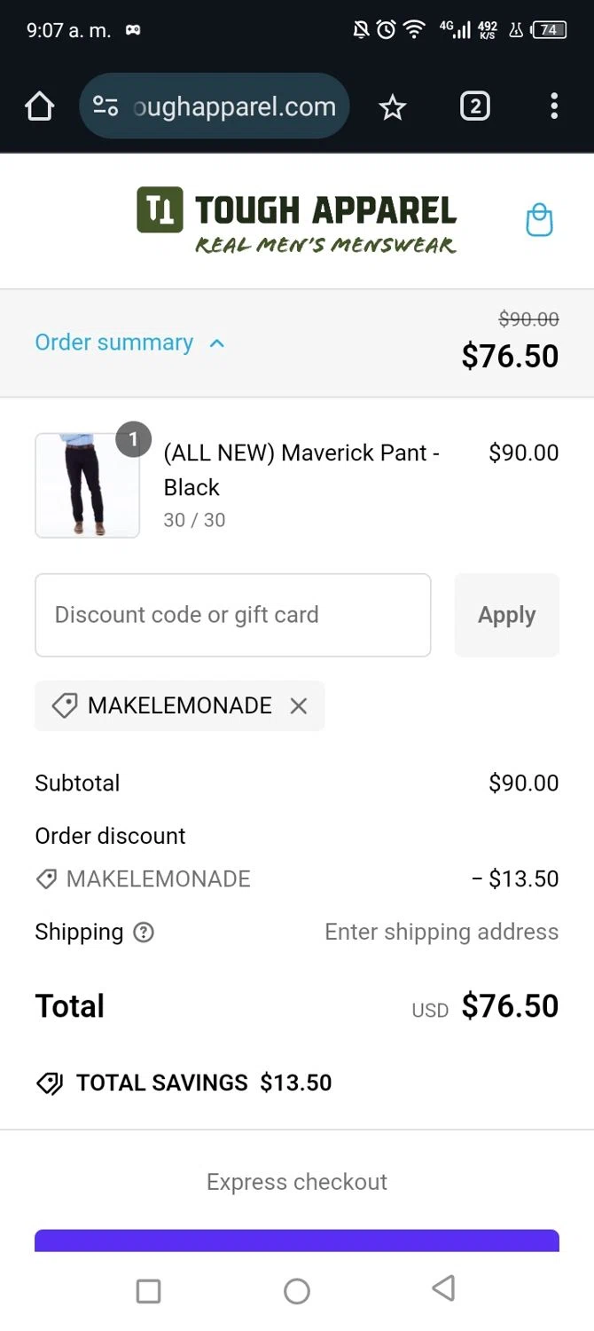 Tough Apparel discount code screenshot showing code MAKELEMONADE applied at Tough Apparel checkout page. Uploaded by SimplyCodes community member Junniorduno on Jan 18, 2025