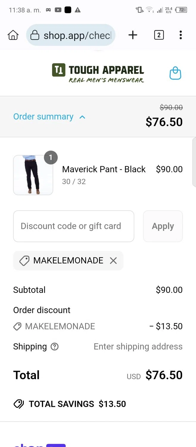 Tough Apparel discount code screenshot showing code MAKELEMONADE applied at Tough Apparel checkout page. Uploaded by SimplyCodes community member bauxita on Jun 24, 2025