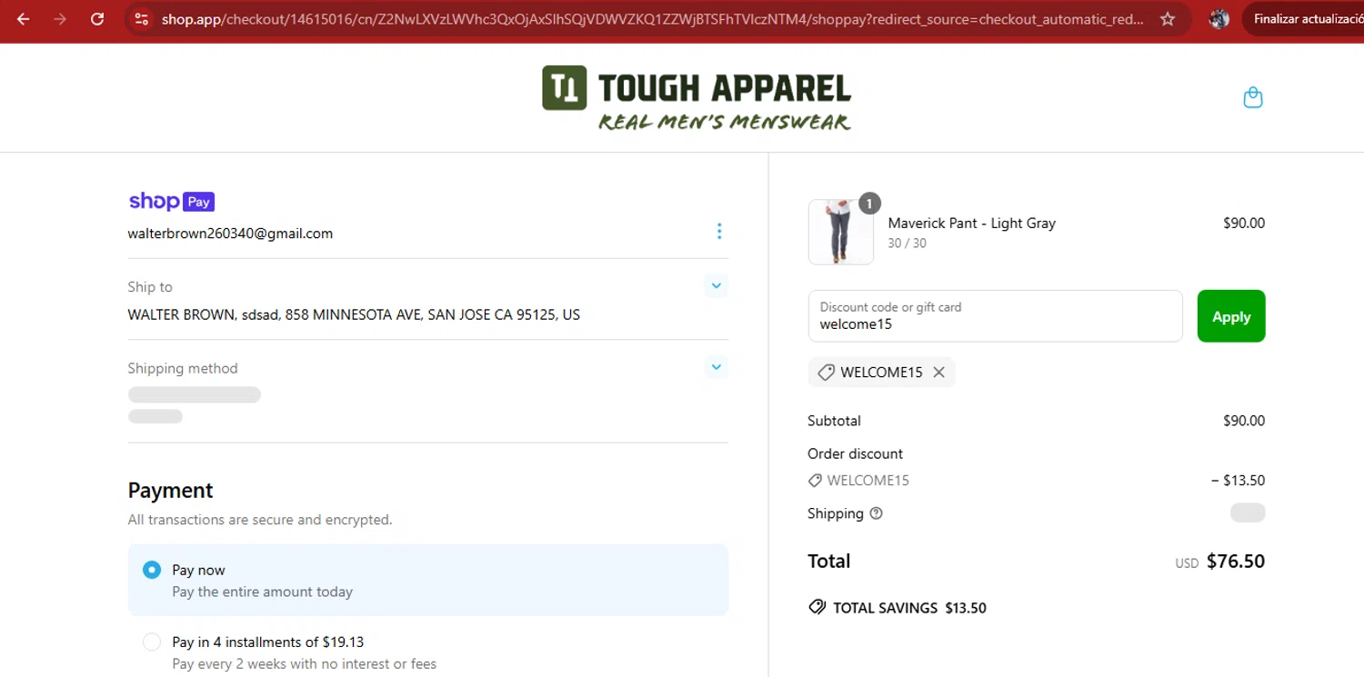 Tough Apparel discount code screenshot showing code welcome15 applied at Tough Apparel checkout page. Uploaded by SimplyCodes community member kimberlinmartinez on Jun 14, 2025