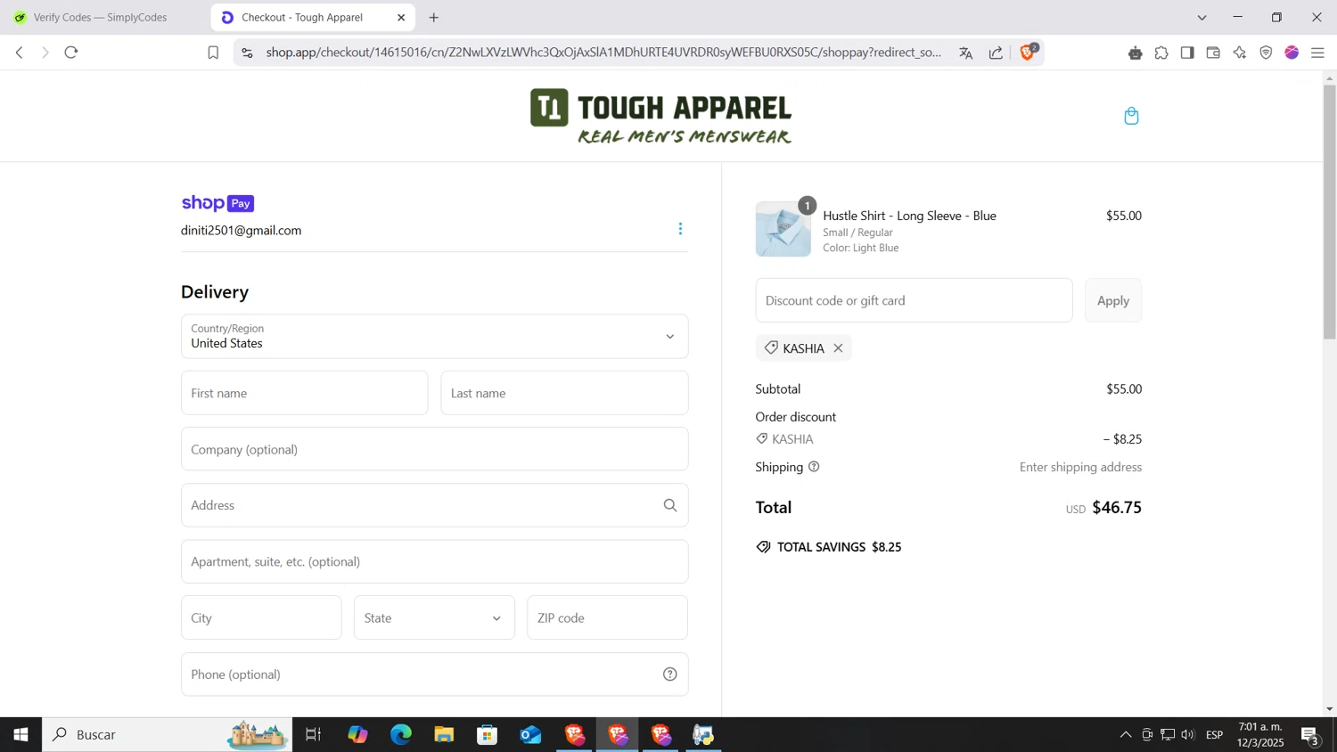 Tough Apparel discount code screenshot showing code Kashia applied at Tough Apparel checkout page. Uploaded by SimplyCodes community member AnthonyGTX on Mar 12, 2025