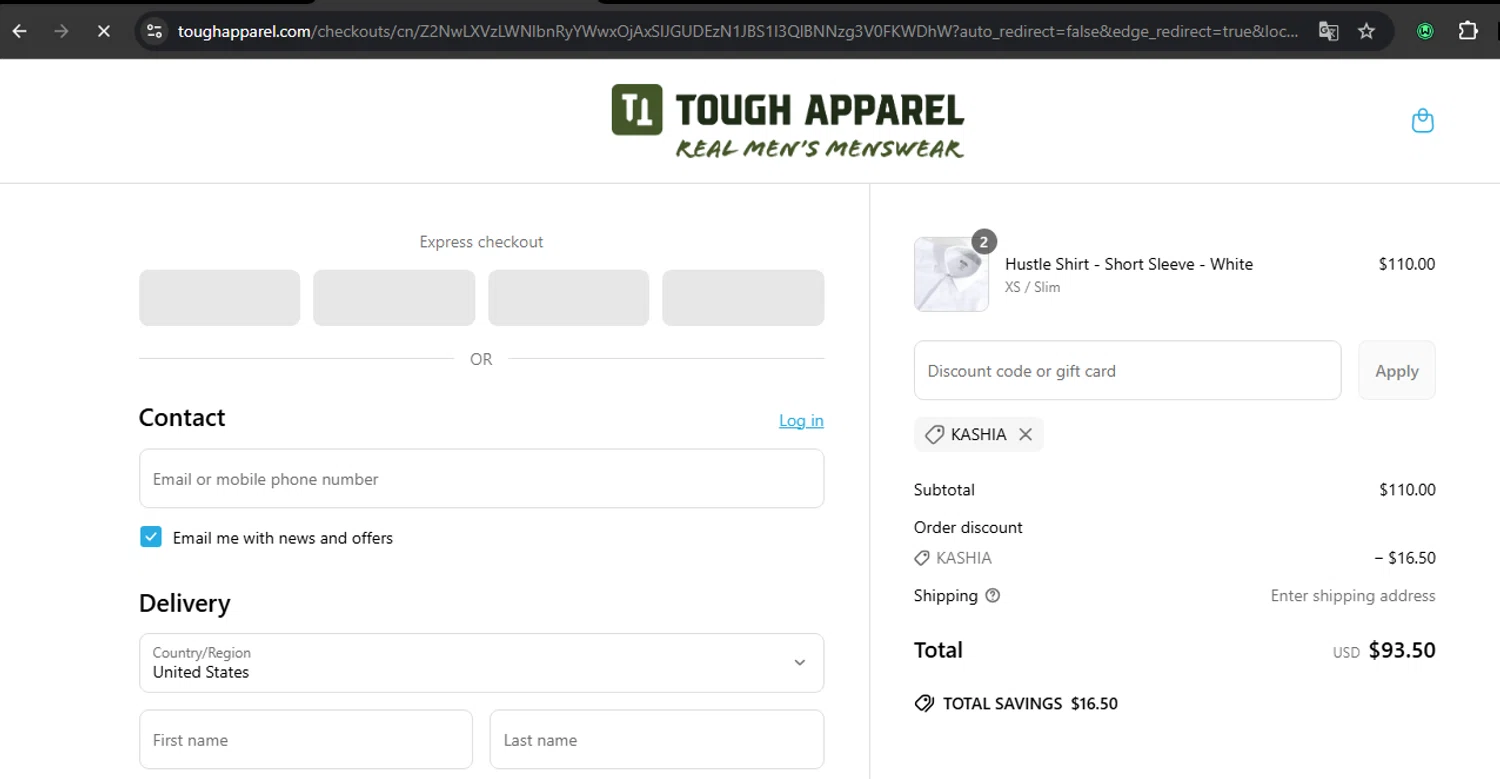 Tough Apparel discount code screenshot showing code Kashia applied at Tough Apparel checkout page. Uploaded by SimplyCodes community member RoyalSpotter5217 on Apr 10, 2025
