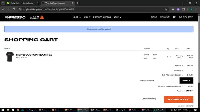 Tough Mudder checkout page showing Tough Mudder coupon code box | Screenshot taken by SimplyCodes community member on Aug 9, 2025