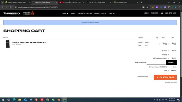 Tough Mudder checkout page showing Tough Mudder coupon code box | Screenshot taken by SimplyCodes community member on Aug 10, 2025