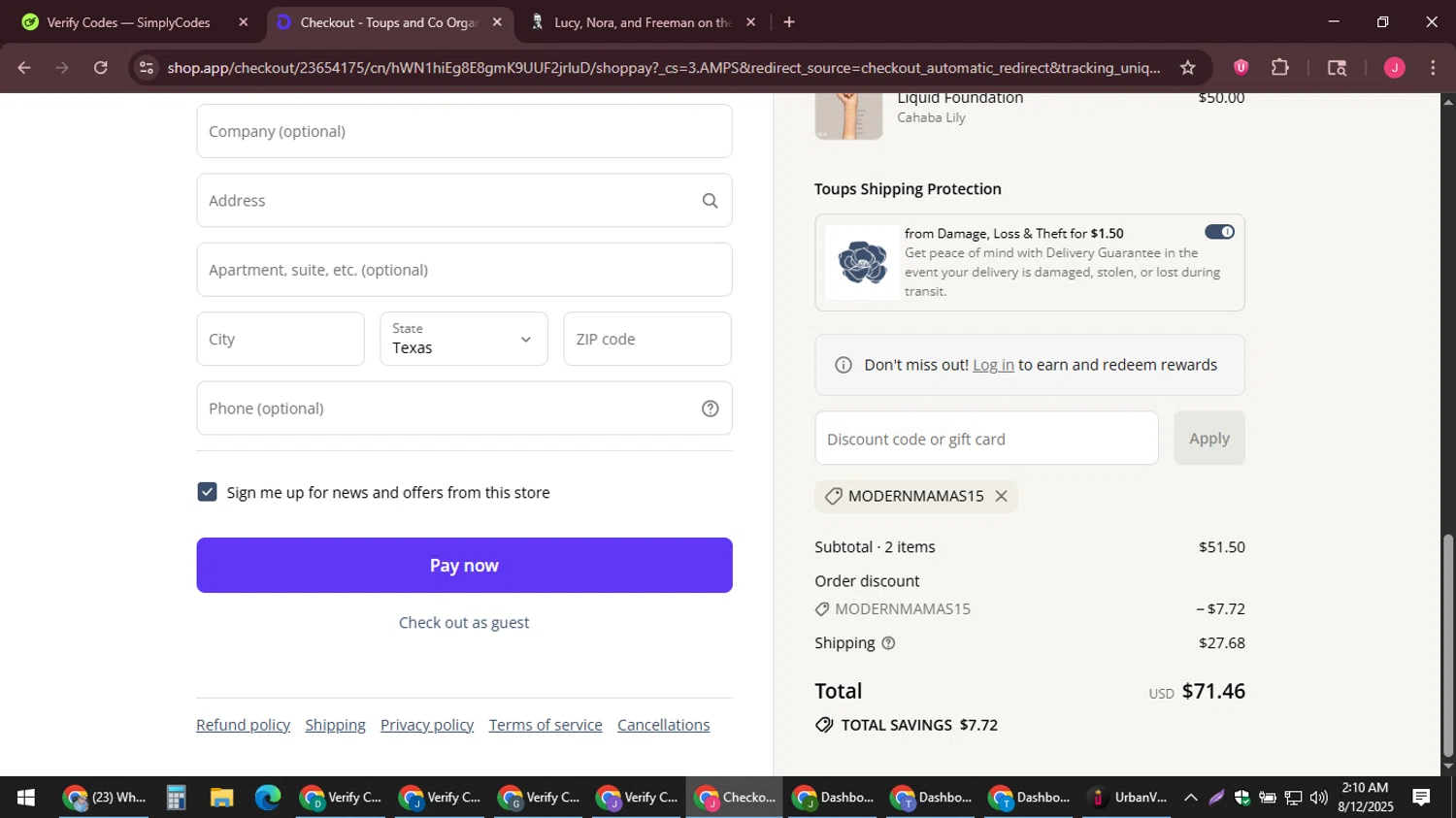 Toups and Co Organics discount code screenshot showing code MODERNMAMAS15 applied at Toups and Co Organics checkout page. Uploaded by SimplyCodes community member JackWilson63 on Aug 12, 2025