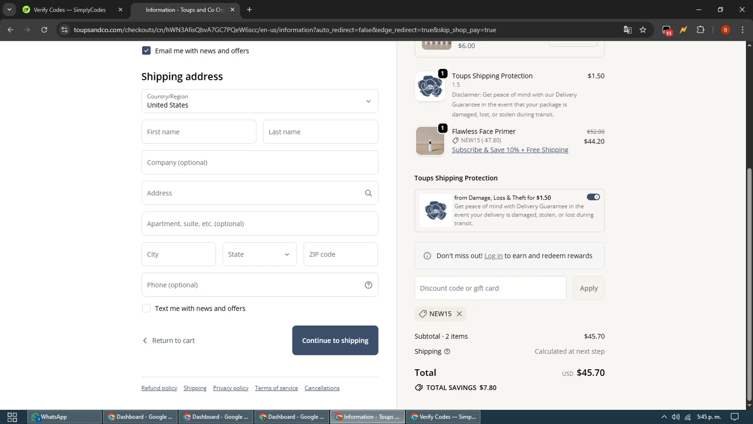 Toups and Co Organics discount code screenshot showing code NEW15 applied at Toups and Co Organics checkout page. Uploaded by SimplyCodes community member BrilliantLynx7174 on Sep 19, 2025