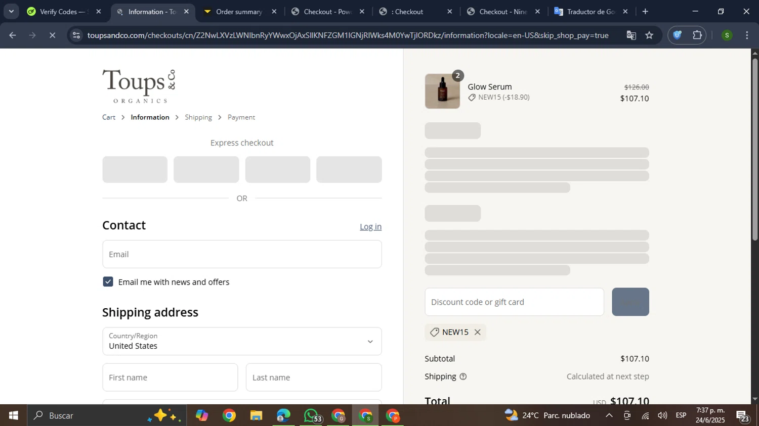 Toups and Co Organics discount code screenshot showing code NEW15 applied at Toups and Co Organics checkout page. Uploaded by SimplyCodes community member RewardMaverick445 on Jun 24, 2025