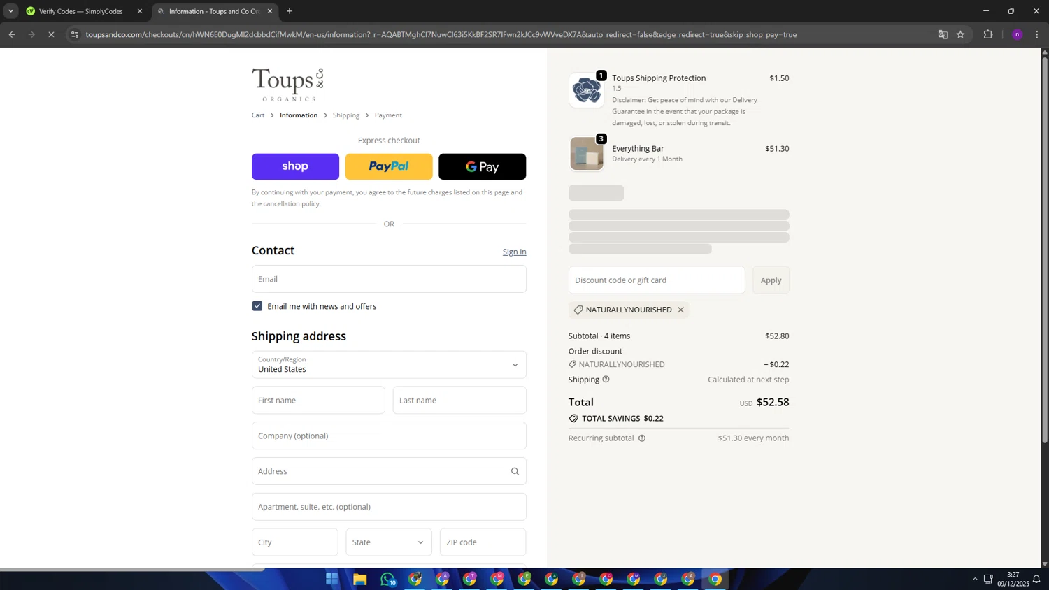 Toups and Co Organics discount code screenshot showing code NATURALLYNOURISHED applied at Toups and Co Organics checkout page. Uploaded by SimplyCodes community member AVAMUSTANG on Dec 9, 2025