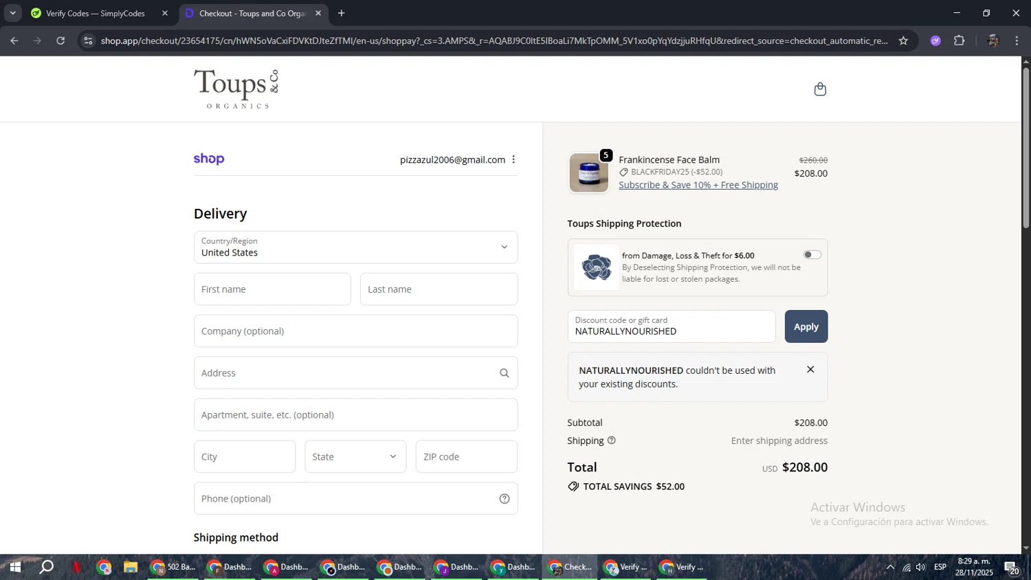Toups and Co Organics discount code screenshot showing code NATURALLYNOURISHED applied at Toups and Co Organics checkout page. Uploaded by SimplyCodes community member xxdddd on Nov 28, 2025