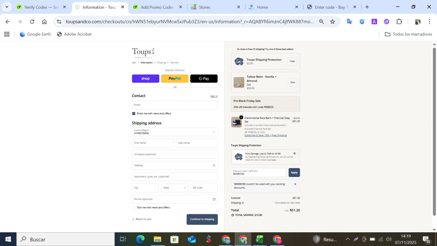 Toups and Co Organics discount code screenshot showing code SKINNY20 applied at Toups and Co Organics checkout page. Uploaded by SimplyCodes community member NobleMonarch5837 on Nov 7, 2025