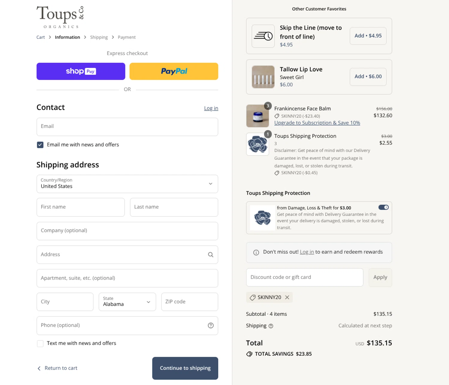 Toups and Co Organics discount code screenshot showing code SKINNY20 applied at Toups and Co Organics checkout page. Uploaded by SimplyCodes community member maracuho09 on Aug 10, 2025