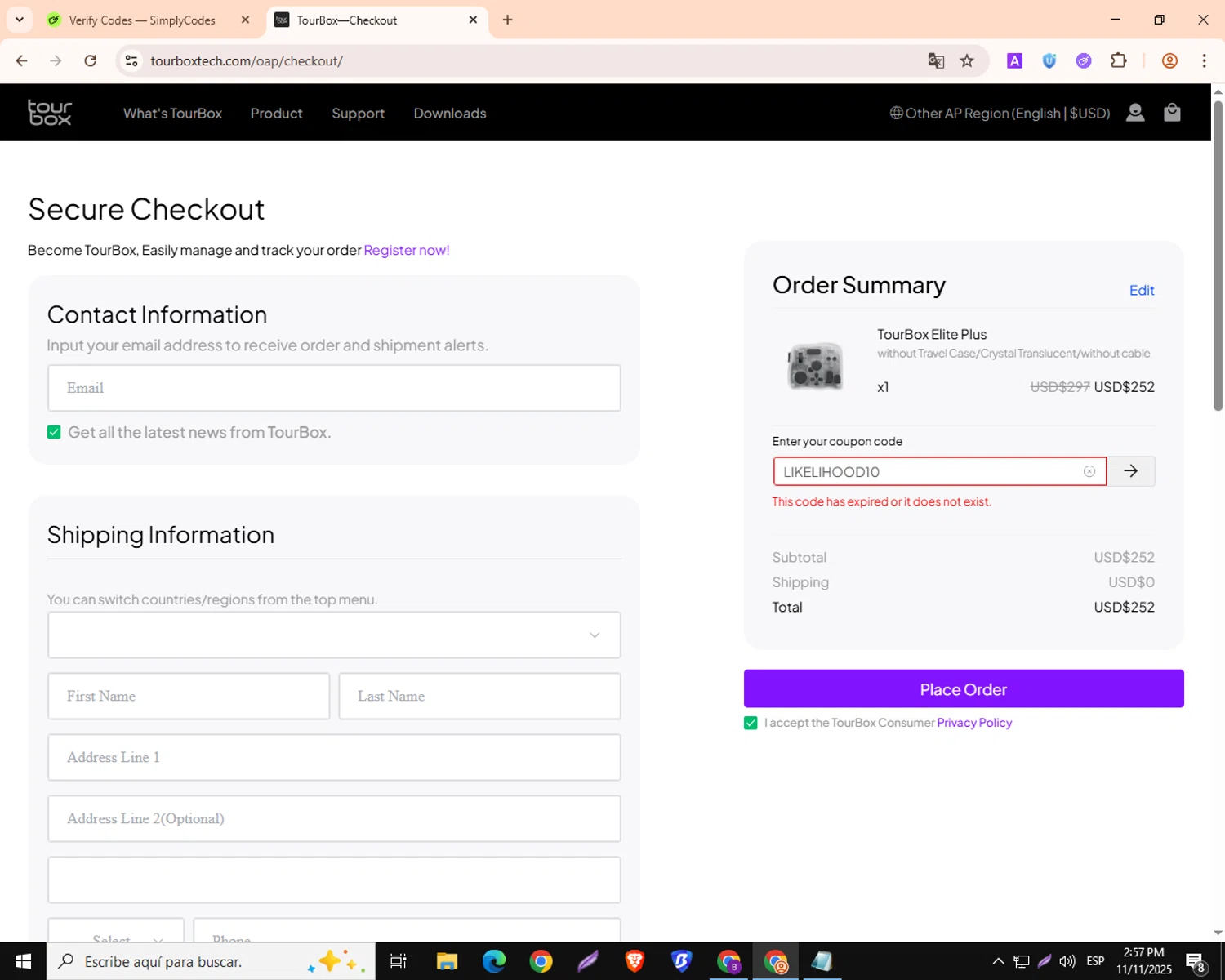 TourBox coupon code screenshot showing code LIKELIHOOD10 applied at TourBox checkout page. Uploaded by SimplyCodes community member DealMaestro3966 on Nov 11, 2025